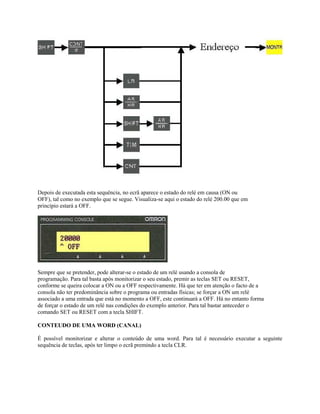 Depois de executada esta sequência, no ecrã aparece o estado do relé em causa (ON ou
OFF), tal como no exemplo que se segue. Visualiza-se aqui o estado do relé 200.00 que em
princípio estará a OFF.
Sempre que se pretender, pode alterar-se o estado de um relé usando a consola de
programação. Para tal basta após monitorizar o seu estado, premir as teclas SET ou RESET,
conforme se queira colocar a ON ou a OFF respectivamente. Há que ter em atenção o facto de a
consola não ter predominância sobre o programa ou entradas físicas; se forçar a ON um relé
associado a uma entrada que está no momento a OFF, este continuará a OFF. Há no entanto forma
de forçar o estado de um relé nas condições do exemplo anterior. Para tal bastar anteceder o
comando SET ou RESET com a tecla SHIFT.
CONTEUDO DE UMA WORD (CANAL)
É possível monitorizar e alterar o conteúdo de uma word. Para tal é necessário executar a seguinte
sequência de teclas, após ter limpo o ecrã premindo a tecla CLR.
 