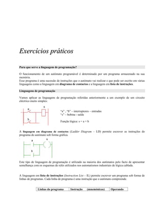 EExxeerrccíícciiooss pprrááttiiccooss
Para que serve a linguagem de programação?
O funcionamento de um autómato programável é determinado por um programa armazenado na sua
memória.
Esse programa é uma sucessão de instruções que o autómato vai realizar e que pode ser escrito em várias
linguagens como a linguagem em diagrama de contactos e a linguagem em lista de instruções.
Linguagens de programação
Vamos aplicar as linguagens de programação referidas anteriormente a um exemplo de um circuito
eléctrico muito simples:
“a” , “b” – interruptores – entradas
“s” – bobina - saída
Função lógica: s = a + b
A linguagem em diagrama de contactos (Ladder Diagram – LD) permite escrever as instruções do
programa do autómato sob forma gráfica.
.
Este tipo de linguagem de programação é utilizado na maioria dos autómatos pelo facto de apresentar
semelhança com os esquemas de relés utilizados nos automatismos industriais de lógica cablada.
A linguagem em lista de instruções (Instruction List – IL) permite escrever um programa sob forma de
linhas de programas. Cada linha de programa é uma instrução que o autómato compreende.
Linhas do programa Instrução (mnemónicas) Operando
a
b
s
a
b
s
 