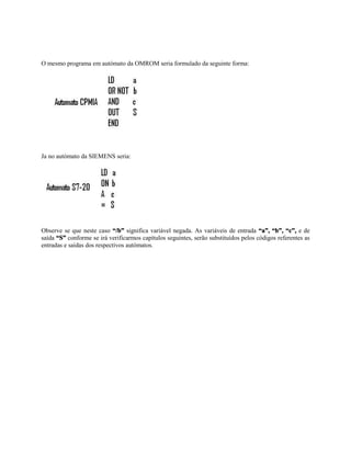 O mesmo programa em autómato da OMROM seria formulado da seguinte forma:
Ja no autómato da SIEMENS seria:
Observe se que neste caso “/b” significa variável negada. As variáveis de entrada “a”, “b”, “c”, e de
saída “S” conforme se irá verificarmos capítulos seguintes, serão substituídos pelos códigos referentes as
entradas e saídas dos respectivos autómatos.
 