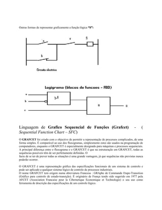 Outras formas de representar graficamente a função lógica “S”:
Linguagem de Grafico Sequencial de Funções (Grafcet) - (
Sequential Function Chart – SFC)
O GRAFCET foi criado com o objectivo de permitir a representação de processos complicados, de uma
forma simples. É comparável ao uso dos fluxogramas, simplesmente estes são usados na programação de
computadores, enquanto o GRAFCET é especialmente designado para máquinas e processos sequenciais.
A principal diferença entre o fluxograma e o GRAFCET é que na estruturação em GRAFCET, todas as
sequências possíveis têm de ser perfeitamente definidas. O
facto de se ter de prever todas as situações é uma grande vantagem, já que sequências não previstas nunca
poderão ocorrer.
O GRAFCET é uma representação gráfica das especificações funcionais de um sistema de controlo e
pode ser aplicado a qualquer sistema lógico de controlo de processos industriais.
O nome GRAFCET tem origem numa abreviatura Francesa : GRAphe de Commande Etape-Transition
(Gráfico para controlo de estado-transição). É originário de França tendo sido sugerido em 1977 pela
AFCET (Association Francaise pour la Cibernetique Economique et Technologie) o seu uso como
ferramenta de descrição das especificações de um controlo lógico.
 