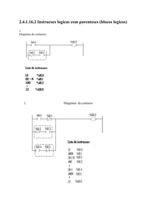 2.4.1.16.2 Instrucoes logicas com parenteses (blocos logicos)
1.
Diagrama de contactos
1. Diagrama de contacto
 