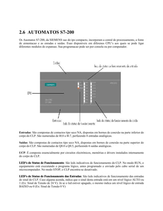 2.6 AUTOMATOS S7-200
Os Auomatos S7-200, da SIEMENS sao do ipo compacto, incorporam a cenral de processamento, a fonte
de aimentacao e as enradas e saidas. Esao disponiveis em diferenes CPU’s aos quais se pode ligar
diferentes modulos de expansao. Sua programacao pode ser por consola ou por computador.
Entradas: São compostas de contactos tipo seco NA, dispostas em bornes de conexão na parte inferior do
corpo do CLP. São numeradas de I0.0 a I0.7, perfazendo 8 entradas analógicas.
Saídas: São compostas de contactos tipo seco NA, dispostas em bornes de conexão na parte superior do
corpo do CLP. São numeradas de Q0.0 a Q0.5, perfazendo 6 saídas analógicas.
UCP: É composta essencialmente por circuitos electrónicos, memórias e drivers instalados internamente
do corpo do CLP.
LED’s de Status de Funcionamento: São leds indicativos de funcionamento do CLP. No modo RUN, o
equipamento está executando o programa lógico, antes programado e enviado pelo cabo serial de um
microcomputador. No modo STOP, o CLP encontra-se desativado.
LED’s de Status de Funcionamento das Entradas: São leds indicativos de funcionamento das entradas
de sinal do CLP. Caso alguma acenda, indica que o sinal desta entrada está em um nível lógico ALTO ou
1 (Ex: Sinal de Tensão de 24 V). Já se o led estiver apagado, o mesmo indica um nível lógico de entrada
BAIXO ou 0 (Ex: Sinal de Tensão 0 V)
 
