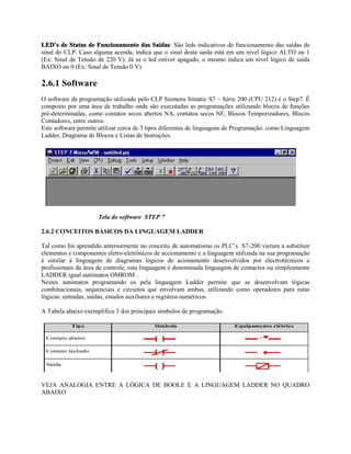 LED’s de Status de Funcionamento das Saídas: São leds indicativos de funcionamento das saídas de
sinal do CLP. Caso alguma acenda, indica que o sinal desta saída está em um nível lógico ALTO ou 1
(Ex: Sinal de Tensão de 220 V). Já se o led estiver apagado, o mesmo indica um nível lógico de saída
BAIXO ou 0 (Ex: Sinal de Tensão 0 V)
2.6.1 Software
O software de programação utilizado pelo CLP Siemens Simatic S7 – Série 200 (CPU 212) é o Step7. É
composto por uma área de trabalho onde são executadas as programações utilizando blocos de funções
pré-determinadas, como contatos secos abertos NA, contatos secos NF, Blocos Temporizadores, Blocos
Contadores, entre outros.
Este software permite utilizar cerca de 3 tipos diferentes de linguagens de Programação: como Linguagem
Ladder, Diagrama de Blocos e Listas de Instruções.
Tela do software STEP 7
2.6.2 CONCEITOS BÁSICOS DA LINGUAGEM LADDER
Tal como foi aprendido anteriormente no conceito de automatismo os PLC’s S7-200 vieram a substituir
elementos e componentes eletro-eletrônicos de accionamento e a linguagem utilizada na sua programação
é similar à linguagem de diagramas lógicos de acionamento desenvolvidos por electrotécnicos e
profissionais da área de controle, esta linguagem é denominada linguagem de contactos ou simplesmente
LADDER igual autómatos OMROM .
Nestes autómatos programando os pela linguagem Ladder permite que se desenvolvam lógicas
combinacionais, sequenciais e circuitos que envolvam ambas, utilizando como operadores para estas
lógicas: entradas, saídas, estados auxiliares e registros numéricos.
A Tabela abaixo exemplifica 3 dos principais símbolos de programação.
VEJA ANALOGIA ENTRE A LÓGICA DE BOOLE E A LINGUAGEM LADDER NO QUADRO
ABAIXO
 