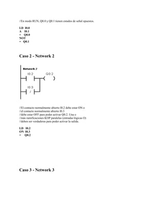 //En modo RUN, Q0.0 y Q0.1 tienen estados de señal opuestos.
LD I0.0
A I0.1
= Q0.0
NOT
= Q0.1
Caso 2 - Network 2
//El contacto normalmente abierto I0.2 debe estar ON o
//el contacto normalmente abierto I0.3
//debe estar OFF para poder activar Q0.2. Una o
//más ramificaciones KOP paralelas (entradas lógicas O)
//deben ser verdaderas para poder activar la salida.
LD I0.2
ON I0.3
= Q0.2
Caso 3 - Network 3
 