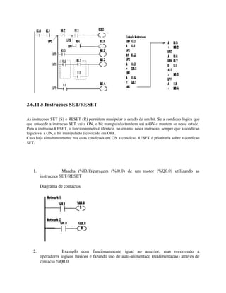 2.6.11.5 Instrucoes SET/RESET
As instrucoes SET (S) e RESET (R) permitem manipular o estado de um bit. Se a condicao logica que
que antecede a instrucao SET vai a ON, o bit manipulado tambem vai a ON e mantem se neste estado.
Para a instrucao RESET, o funcionamneto é identico, no entanto nesta instrucao, sempre que a condicao
logica vai a ON, o bit manipulado é colocado em OFF.
Caso haja simultaneamente nas duas condicoes em ON a condicao RESET é prioritaria sobre a condicao
SET.
1. Marcha (%I0.1)/paragem (%I0.0) de um motor (%Q0.0) utilizando as
instrucoes SET/RESET
Diagrama de contactos
2. Exemplo com funcionamnento igual ao anterior, mas recorrendo a
operadores logicos basicos e fazendo uso de auto-alimentaco (realimentacao) atraves de
contacto %Q0.0.
 
