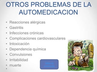 OTROS PROBLEMAS DE LA
AUTOMEDICACION
•
•
•
•
•
•
•
•
•

Reacciones alérgicas
Gastritis
Infecciones crónicas
Complicaciones cardiovasculares
Intoxicación
Dependencia química
Convulsiones
Irritabilidad
Tabla de
muerte
contenido

 