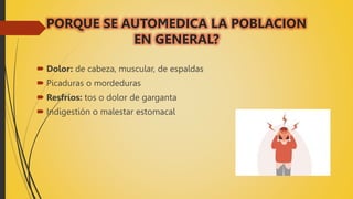 PORQUE SE AUTOMEDICA LA POBLACION
EN GENERAL?
 Dolor: de cabeza, muscular, de espaldas
 Picaduras o mordeduras
 Resfríos: tos o dolor de garganta
 Indigestión o malestar estomacal
 