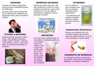 ASPIRINA                    REMÉDIOS NATURAIS                           VITAMINAS
Tomada em doses exageradas,        Apesar de serem naturais, não        Só um médico é
pode provocar problemas graves     são inofensivos. Deve ter muito      que consegue ava-
de estômago.                       cuidado ao tomá-los, pois existe     liar se a pessoa
Quando tomar este medicamen-       sempre um risco de efeitos           necessita deste
to, se não obtiver melhoras nas    secundários, podendo mesmo           suplemento.
próximas horas, deve consultar o   provocar a morte.                     Há vitaminas que,
médico                                                                  quando tomadas
                                                                        excesso, podem
                                                                        provocar doenças
                                                                        graves.



                                                                         Suplementos alimentares
                                                                        Devem ser tomados com um
  Cremes e pomadas                                                      conselho médico, pois podem
                                            ANTIÁCIDO                   provocar efeitos tóxicos, ou arrit-
Aparentemente parecem inofen-
                                   Ao tomar este medicamento, se        mias cardíacas e morte súbita.
sivas; mas usadas incorrecta-
                                   não obtiver resultados positivos,
mente podem encobrir doenças
                                   vá imediata-
muito graves, como o cancro da
                                   mente ao
pele, ou provocar dermatite de
                                   médico, pois
contacto
                                   o que real-
                                   mente pode
                                   ter é uma
                                   úlcera, um
                                   tumor, uma                          CASAMENTO DE REMÉDIOS
                                   pancreatite,                        A utilização de vários medicamen-
                                   ou mesmo                            tos juntos, pode provocar reacções
                                   um enfarte                          alérgicas, ou choque anafilático.
                                   do miocárdio.
 