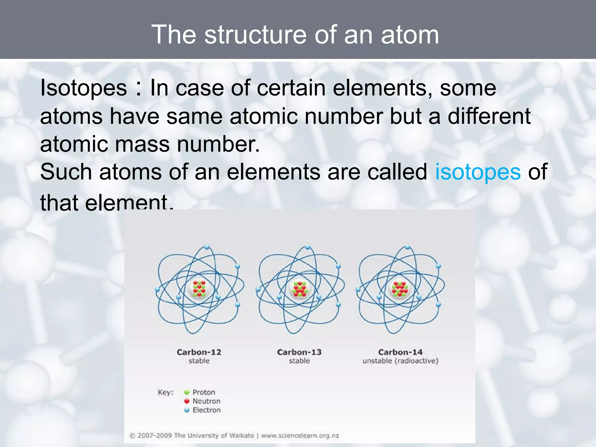 The structure of an atom
Isotopes : In case of certain elements, some
atoms have same atomic number but a different
atomic mass number.
Such atoms of an elements are called isotopes of
that element.

 