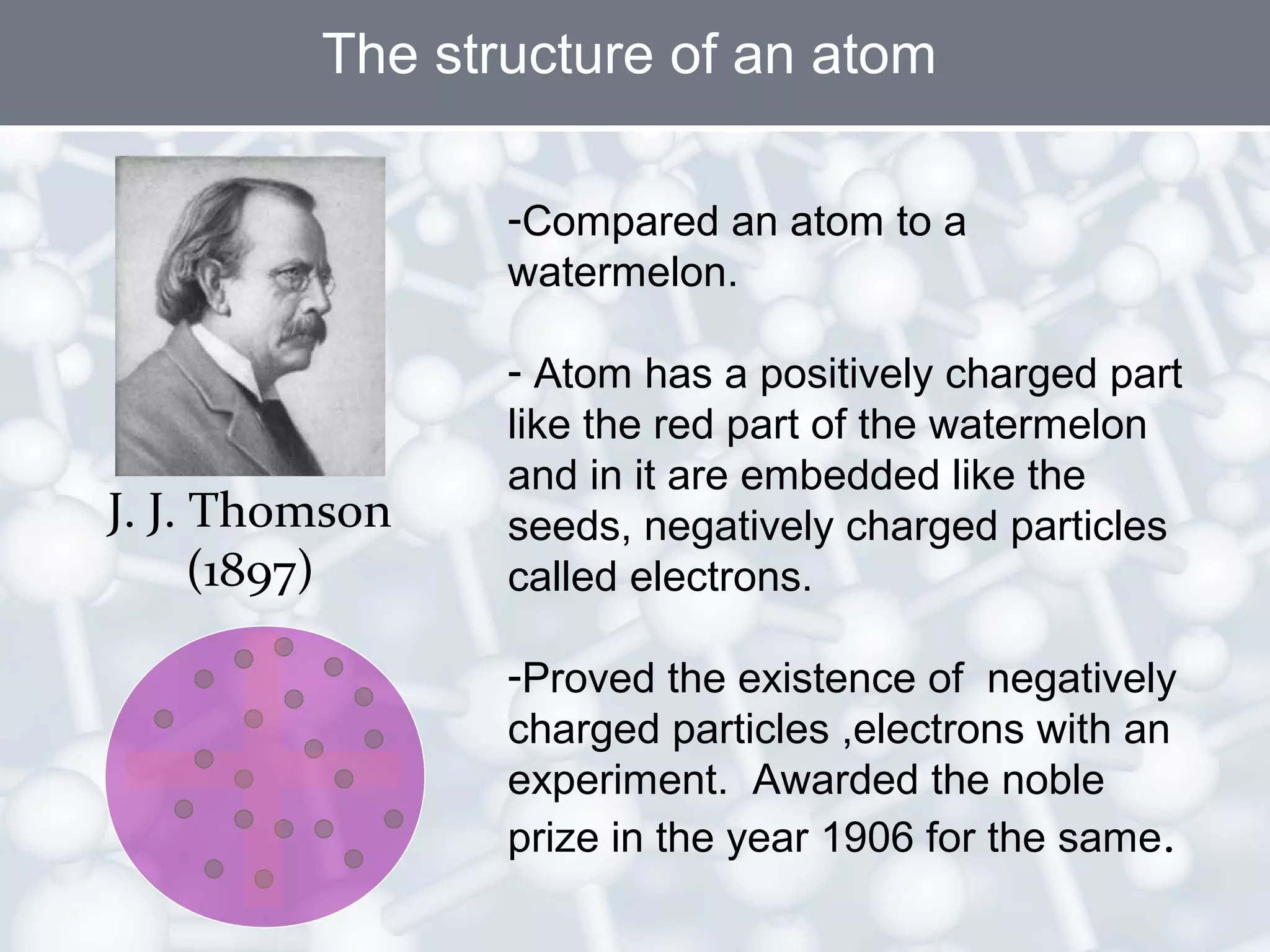 The structure of an atom
-Compared an atom to a
watermelon.

J. J. Thomson
(1897)

- Atom has a positively charged part
like the red part of the watermelon
and in it are embedded like the
seeds, negatively charged particles
called electrons.
-Proved the existence of negatively
charged particles ,electrons with an
experiment. Awarded the noble
prize in the year 1906 for the same.

 