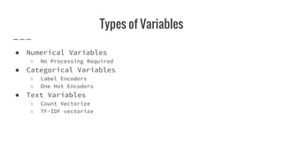 ● Numerical Variables
○ No Processing Required
● Categorical Variables
○ Label Encoders
○ One Hot Encoders
● Text Variables
○ Count Vectorize
○ TF-IDF vectorize
Types of Variables
 