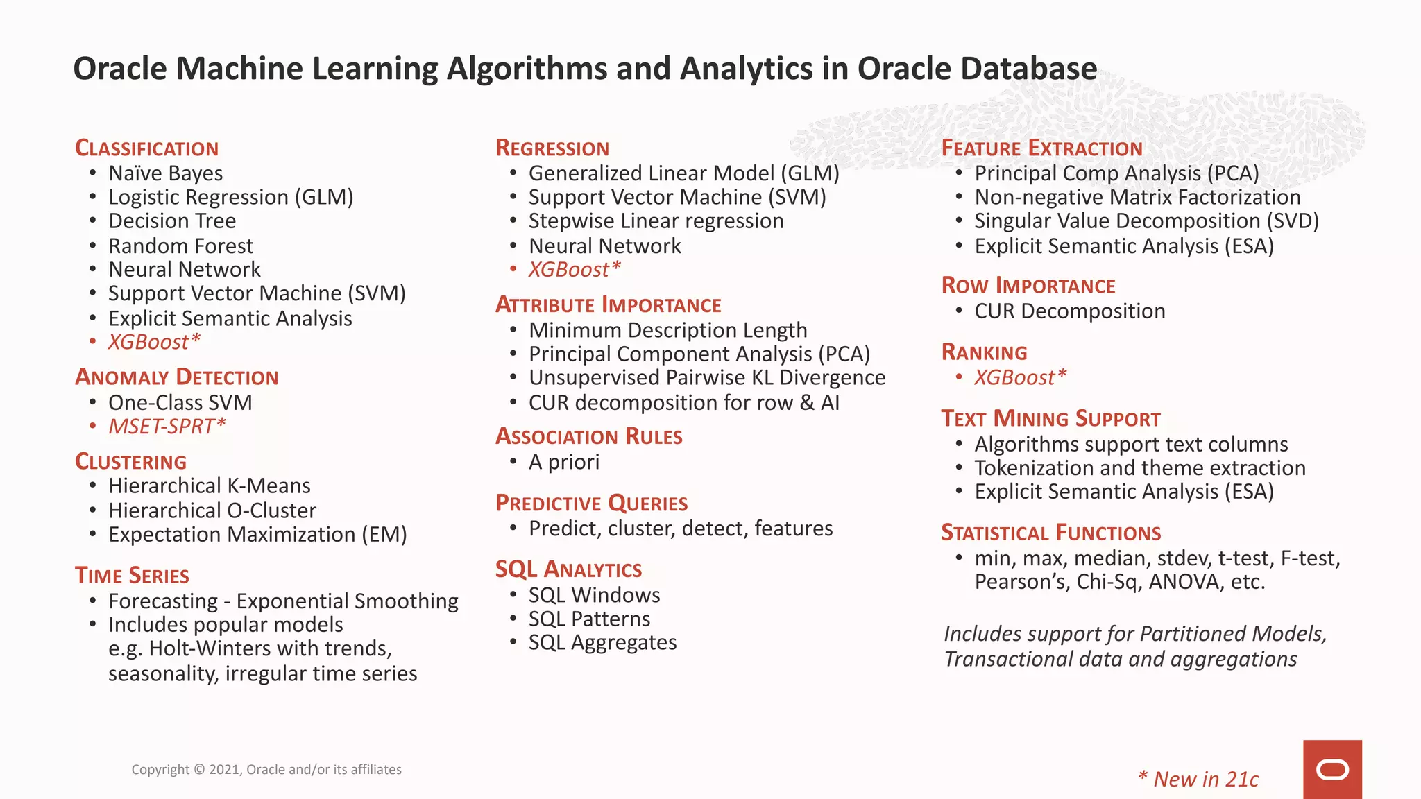 CLASSIFICATION • Naïve Bayes • Logistic Regression (GLM) • Decision Tree • Random Forest • Neural Network • Support Vector Machine (SVM) • Explicit Semantic Analysis • XGBoost* ANOMALY DETECTION • One-Class SVM • MSET-SPRT* CLUSTERING • Hierarchical K-Means • Hierarchical O-Cluster • Expectation Maximization (EM) TIME SERIES • Forecasting - Exponential Smoothing • Includes popular models e.g. Holt-Winters with trends, seasonality, irregular time series REGRESSION • Generalized Linear Model (GLM) • Support Vector Machine (SVM) • Stepwise Linear regression • Neural Network • XGBoost* ATTRIBUTE IMPORTANCE • Minimum Description Length • Principal Component Analysis (PCA) • Unsupervised Pairwise KL Divergence • CUR decomposition for row & AI ASSOCIATION RULES • A priori PREDICTIVE QUERIES • Predict, cluster, detect, features SQL ANALYTICS • SQL Windows • SQL Patterns • SQL Aggregates FEATURE EXTRACTION • Principal Comp Analysis (PCA) • Non-negative Matrix Factorization • Singular Value Decomposition (SVD) • Explicit Semantic Analysis (ESA) ROW IMPORTANCE • CUR Decomposition RANKING • XGBoost* TEXT MINING SUPPORT • Algorithms support text columns • Tokenization and theme extraction • Explicit Semantic Analysis (ESA) STATISTICAL FUNCTIONS • min, max, median, stdev, t-test, F-test, Pearson’s, Chi-Sq, ANOVA, etc. Oracle Machine Learning Algorithms and Analytics in Oracle Database * New in 21c Includes support for Partitioned Models, Transactional data and aggregations Copyright © 2021, Oracle and/or its affiliates 