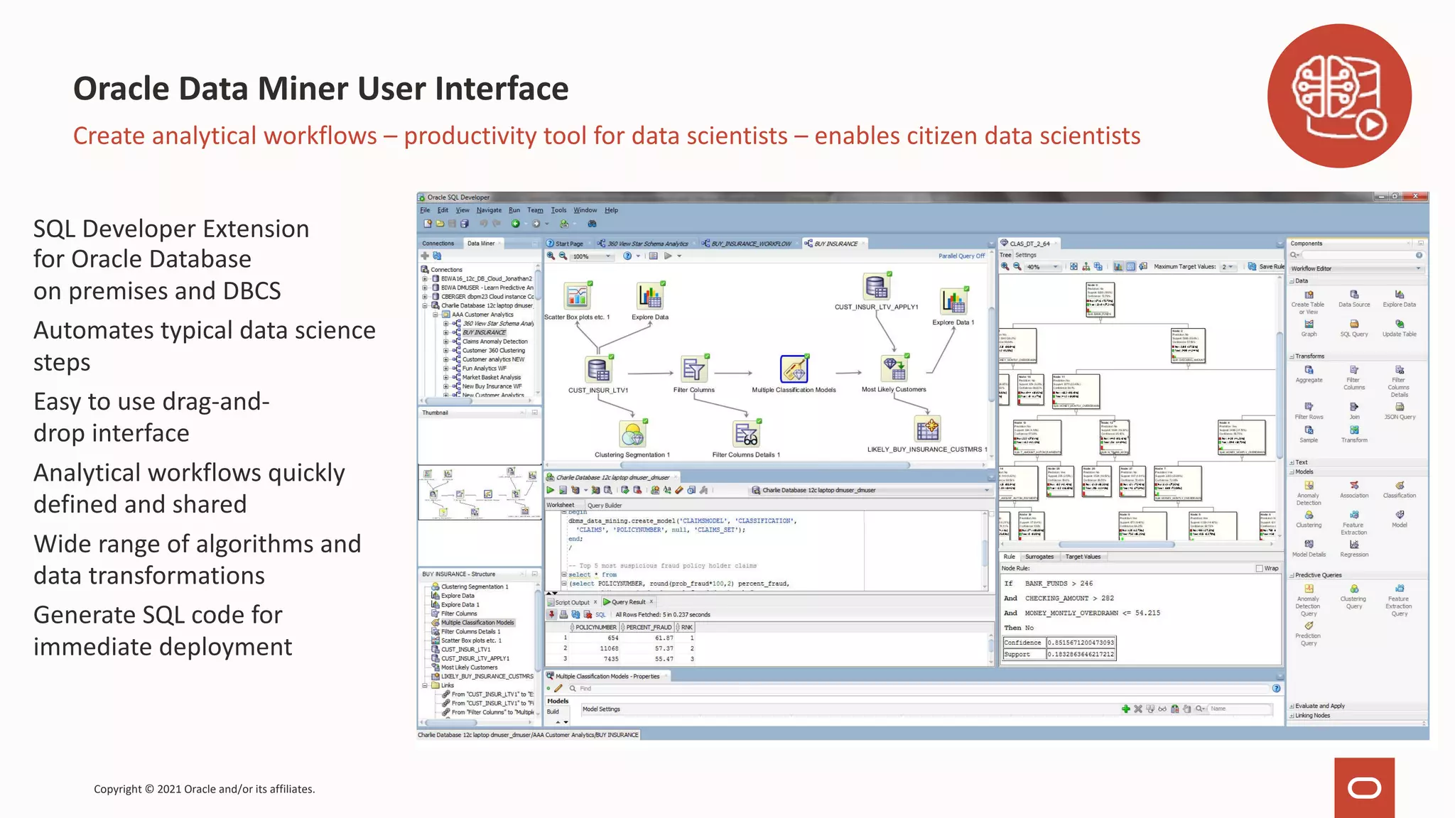 Oracle Data Miner User Interface SQL Developer Extension for Oracle Database on premises and DBCS Automates typical data science steps Easy to use drag-and- drop interface Analytical workflows quickly defined and shared Wide range of algorithms and data transformations Generate SQL code for immediate deployment Create analytical workflows – productivity tool for data scientists – enables citizen data scientists Copyright © 2021 Oracle and/or its affiliates. 