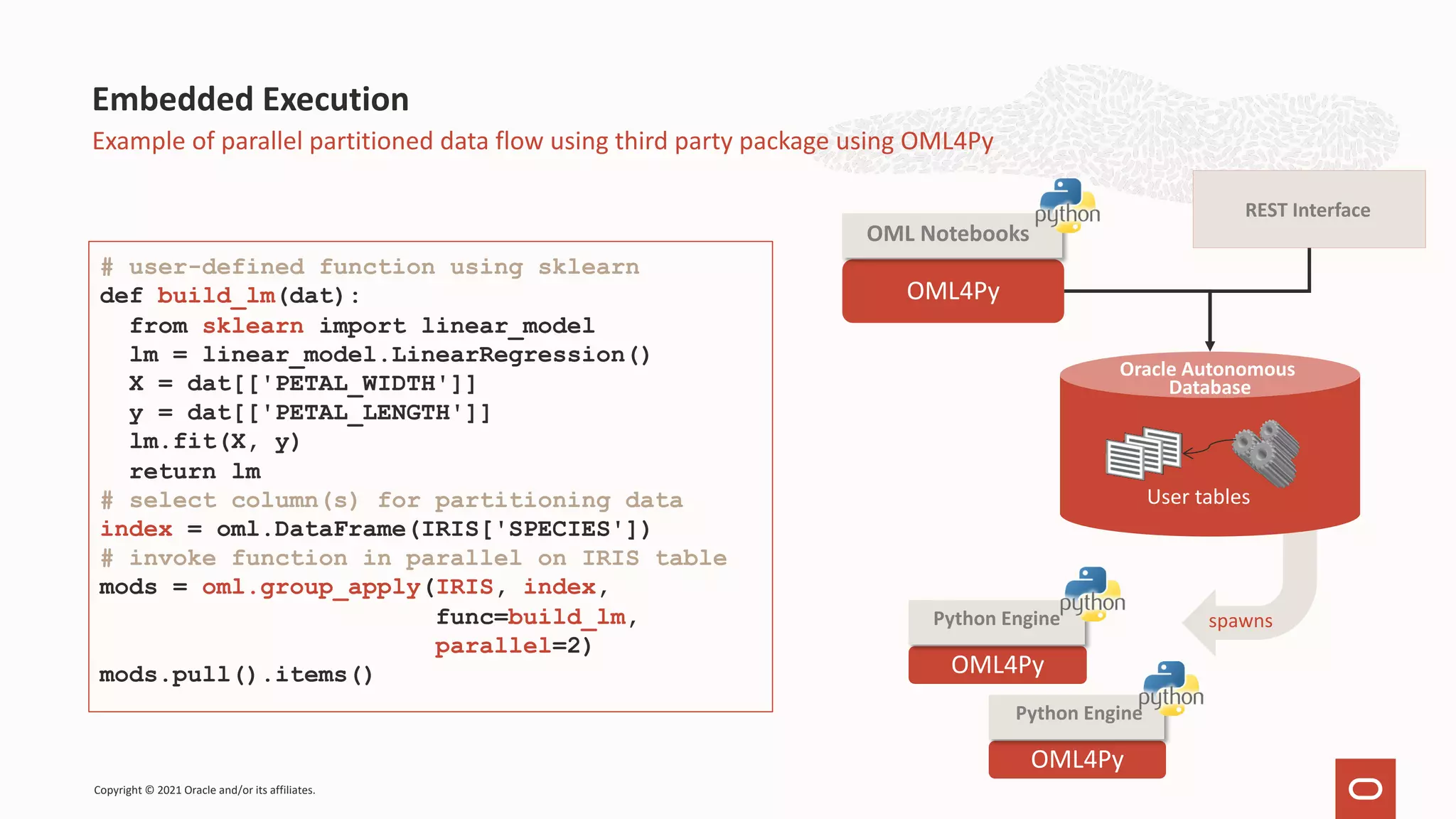 spawns Embedded Execution Example of parallel partitioned data flow using third party package using OML4Py # user-defined function using sklearn def build_lm(dat): from sklearn import linear_model lm = linear_model.LinearRegression() X = dat[['PETAL_WIDTH']] y = dat[['PETAL_LENGTH']] lm.fit(X, y) return lm # select column(s) for partitioning data index = oml.DataFrame(IRIS['SPECIES']) # invoke function in parallel on IRIS table mods = oml.group_apply(IRIS, index, func=build_lm, parallel=2) mods.pull().items() OML4Py Python Engine OML4Py Python Engine OML4Py OML Notebooks Copyright © 2021 Oracle and/or its affiliates. REST Interface Oracle Autonomous Database User tables 
