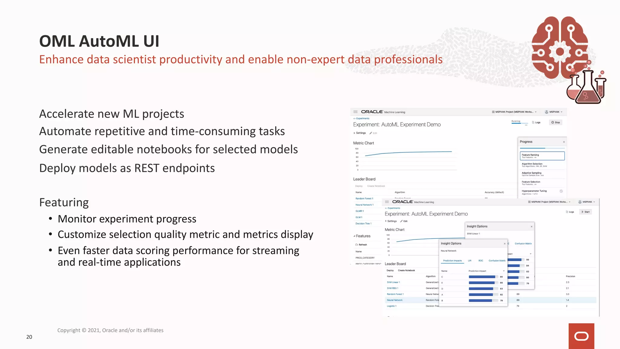 Enhance data scientist productivity and enable non-expert data professionals Accelerate new ML projects Automate repetitive and time-consuming tasks Generate editable notebooks for selected models Deploy models as REST endpoints Featuring • Monitor experiment progress • Customize selection quality metric and metrics display • Even faster data scoring performance for streaming and real-time applications OML AutoML UI 20 Copyright © 2021, Oracle and/or its affiliates 