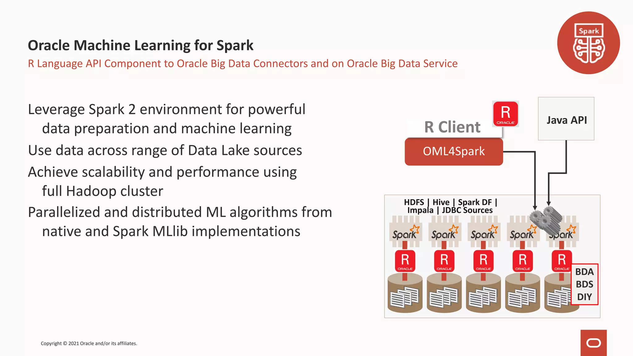 Oracle Machine Learning for Spark Leverage Spark 2 environment for powerful data preparation and machine learning Use data across range of Data Lake sources Achieve scalability and performance using full Hadoop cluster Parallelized and distributed ML algorithms from native and Spark MLlib implementations R Language API Component to Oracle Big Data Connectors and on Oracle Big Data Service Java API HDFS | Hive | Spark DF | Impala | JDBC Sources BDA BDS DIY OML4Spark R Client Copyright © 2021 Oracle and/or its affiliates. 