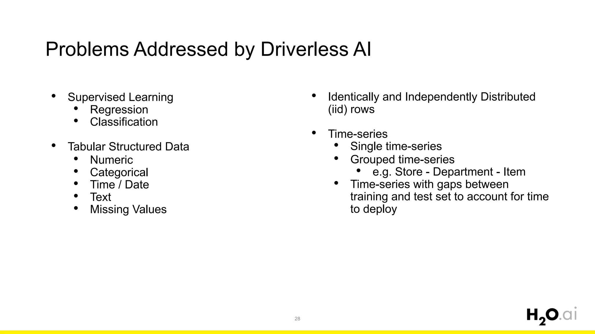 Problems Addressed by Driverless AI
28
• Supervised Learning
• Regression
• Classification
• Tabular Structured Data
• Numeric
• Categorical
• Time / Date
• Text
• Missing Values
• Identically and Independently Distributed
(iid) rows
• Time-series
• Single time-series
• Grouped time-series
• e.g. Store - Department - Item
• Time-series with gaps between
training and test set to account for time
to deploy
 