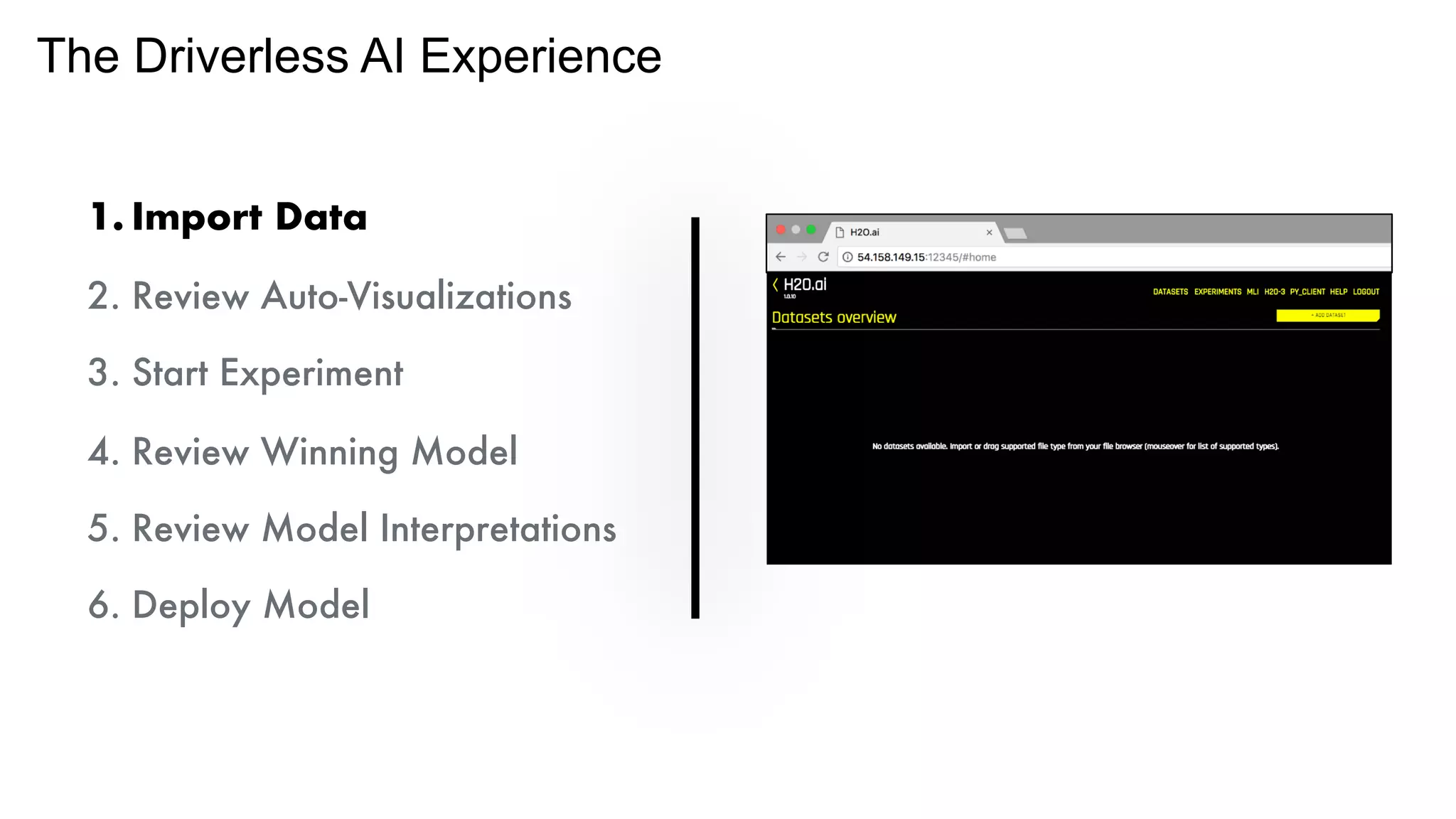 The Driverless AI Experience
1. Import Data
2. Review Auto-Visualizations
3. Start Experiment
4. Review Winning Model
5. Review Model Interpretations
6. Deploy Model
 