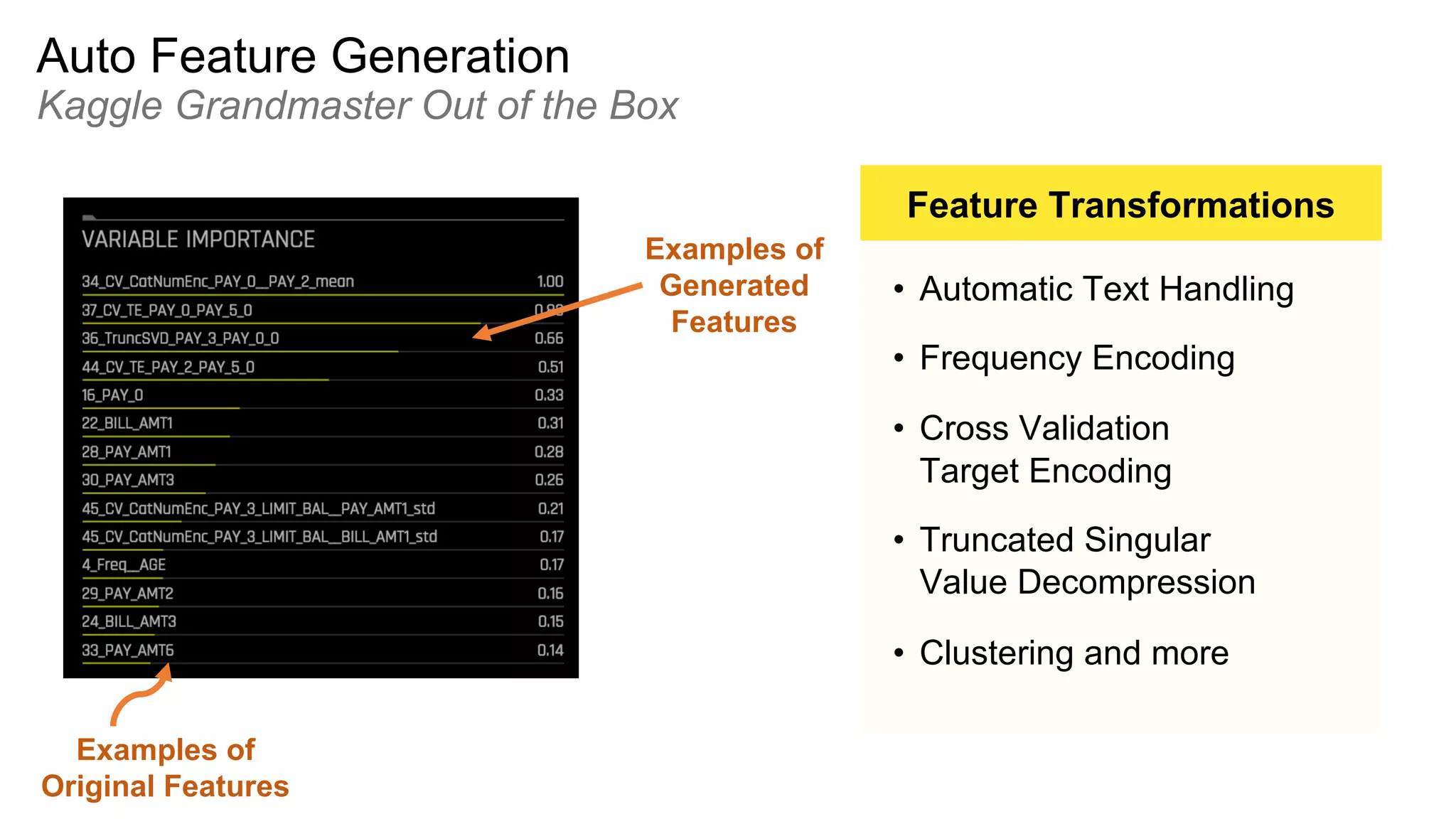 Auto Feature Generation
Kaggle Grandmaster Out of the Box
• Automatic Text Handling
• Frequency Encoding
• Cross Validation
Target Encoding
• Truncated Singular
Value Decompression
• Clustering and more
Feature Transformations
Examples of
Original Features
Examples of
Generated
Features
 