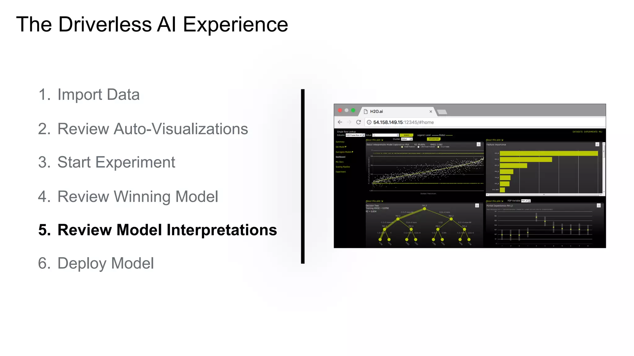 The Driverless AI Experience
1. Import Data
2. Review Auto-Visualizations
3. Start Experiment
4. Review Winning Model
5. Review Model Interpretations
6. Deploy Model
 