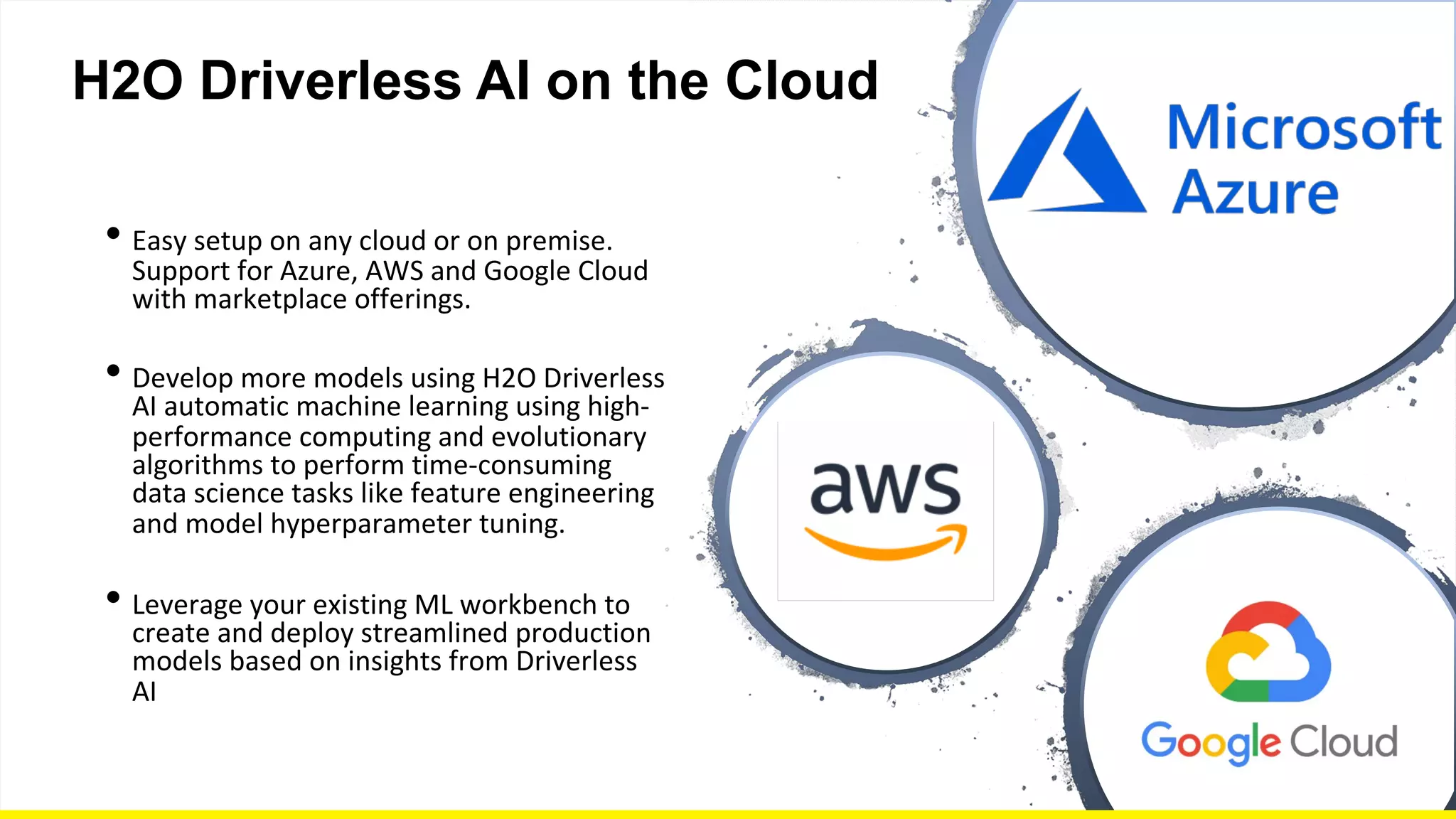 CONFIDENTIAL
H2O Driverless AI on the Cloud
• Easy setup on any cloud or on premise.
Support for Azure, AWS and Google Cloud
with marketplace offerings.
• Develop more models using H2O Driverless
AI automatic machine learning using high-
performance computing and evolutionary
algorithms to perform time-consuming
data science tasks like feature engineering
and model hyperparameter tuning.
• Leverage your existing ML workbench to
create and deploy streamlined production
models based on insights from Driverless
AI
 
