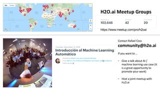 H2O.ai Meetup Groups
Contact Rafael Coss
community@h2o.ai
If you want to …
- Give a talk about AI /
machine learning use case (it
is a great opportunity to
promote your work)
- Host a joint meetup with
H2O.ai
https://www.meetup.com/pro/h2oai
 