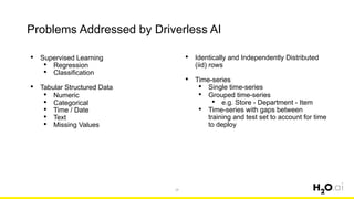 Problems Addressed by Driverless AI
28
• Supervised Learning
• Regression
• Classification
• Tabular Structured Data
• Numeric
• Categorical
• Time / Date
• Text
• Missing Values
• Identically and Independently Distributed
(iid) rows
• Time-series
• Single time-series
• Grouped time-series
• e.g. Store - Department - Item
• Time-series with gaps between
training and test set to account for time
to deploy
 