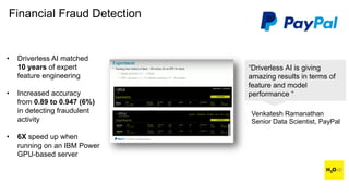 Financial Fraud Detection
“Driverless AI is giving
amazing results in terms of
feature and model
performance “
Venkatesh Ramanathan
Senior Data Scientist, PayPal
• Driverless AI matched
10 years of expert
feature engineering
• Increased accuracy
from 0.89 to 0.947 (6%)
in detecting fraudulent
activity
• 6X speed up when
running on an IBM Power
GPU-based server
 