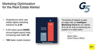 Marketing Optimization
for the Real Estate Market
“Driverless AI helped us gain
an edge with our Intelligent
Marketing Cloud for our clients.
AI to do AI, truly is improving our
system on a daily basis.”
Martin Stein
Chief Product Officer
• Outperforms other real
estate digital marketing
solutions by 2.5X
• A G5 client saved $500K
annual digital spend while
increasing web traffic 3X
• 10X faster model creation
 
