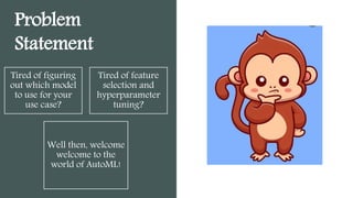 Problem
Statement
Tired of figuring
out which model
to use for your
use case?
Tired of feature
selection and
hyperparameter
tuning?
Well then, welcome
welcome to the
world of AutoML!
 