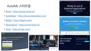 AutoML 스타트업
• Binah : https://www.binah.ai/
• DataRobot : https://www.datarobot.com/
• BigML : https://bigml.com/
• MissingLink : https://missinglink.ai/
• mljar : https://mljar.com/
 