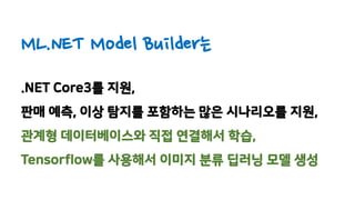 ML.NET Model Builder는
.NET Core3를 지원,
판매 예측, 이상 탐지를 포함하는 많은 시나리오를 지원,
관계형 데이터베이스와 직접 연결해서 학습,
Tensorflow를 사용해서 이미지 분류 딥러닝 모델 생성
 