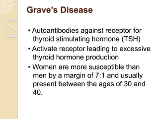 Grave’s Disease
• Autoantibodies against receptor for
thyroid stimulating hormone (TSH)
• Activate receptor leading to excessive
thyroid hormone production
• Women are more susceptible than
men by a margin of 7:1 and usually
present between the ages of 30 and
40.
 