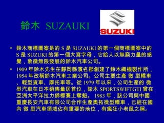 ľ   SUZAUKI ľ̘ˈDǵ S  SUZAUKI ĵһ̘ˈDе S  SUZUKI ĵһĸoԟoFĸXoްlչľ܇˾ 1909 ľohIľCu 1954 ķQľ܇I˾˾Ҫa ΢ I܇p؛܇Ħ܇ȡ 1979 ԁ˾a ΢ ܇ձNλľ SPORTSWIFTGTI ځ̫ƽ\ِϊZ 1983 ꣬ԓ˾cЇؑcL܇޹˾aW΢I܇ѽڇ ΢ ܇IҪĵλЯС֮Q 