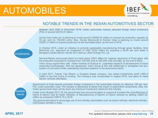 2424APRIL 2017 For updated information, please visit www.ibef.org
NOTABLE TRENDS IN THE INDIAN AUTOMOTIVES SECTOR
AUTOMOBILES
Source: Department Of Industrial Policy & Promotion, News Articles
Between April 2000 to December 2016, Indian automobile industry attracted foreign direct investment
(FDI) of around USD16.51 billion.
Honda Cars India Ltd. is planning to invest around USD59.24 million to increase its production capacity by
50 per cent (to 180,000 units). Also, Honda Motorcycle & Scooter India is planning to invest around
USD91.2 million to expand production at the Karnataka plant, by the end of 2016.
In October 2016, under an initiative to promote sustainable manufacturing through green facilities, Hero
MotoCorp Ltd., approved an investment of USD 30.62 million for acquiring a 26-30 per cent stake in
Bengaluru based electric vehicle (EV) start-up, Ather Energy Pvt. Ltd.
General Motors announced plans to invest about USD1 billion for capacity expansion of Pune plant, with
the production expected to increase from 130,000 units to 220,000 units annually, by the end of 2025.
Volvo Group signed MoU with Indian Institute of Science to undertake research & development of future
automotive technologies. With the agreement, Volvo Group & IISc will collaborate to strengthen the eco-
system of innovation while undertaking important research in the automotive sector.
In April 2017, Twenty Two Motors, a Gurgaon based company, has raised investments worth US$1.6
million in the first round of funding. The company was incorporated in August 2016, and plans to make
electric vehicles affordable.
Government of India heavily promotes foreign investment in the automobile industry by allowing 100 per cent
FDI, under automatic route. The industry is delicensed & allows free import of automotive components. Also, the
Indian government does not lay down any minimum investment criteria for this industry.
Under Union Budget 2017-18, the government has announced plans to support & increase the manufacturing of
hybrid & electric cars & Faster Adoption of Manufacturing of Electric & Hybrid vehicles by alloting US$27.25
million as compared US$19.15 in 2016.
The government plans to encourage use of eco friendly automobiles such as hybrid vehicles, electrical vehicles,
CNG based vehicles in India.
Investments
Notable
trends
 
