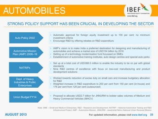 Auto Policy 2002
• Automatic approval for foreign equity investment up to 100 per cent; no minimum
investment criteria
• Encourage R&D by offering rebates on R&D expenditure
Automotive Mission
Plan (AMP) 2006–16
• AMP’s vision is to make India a preferred destination for designing and manufacturing of
automobiles and achieve a market size of USD154 billion by 2016
• Setting up of a technology modernisation fund focussed on SMEs
• Establishment of automotive training institutes, auto design centres and special auto parks
NATRiPs
• Set up at a total cost of USD388.5 million to enable the industry to be on par with global
standards
• Nine R&D centres of excellence with focus on low-cost manufacturing and product
development solutions
Dept. of Heavy
Industries & Public
Enterprises
• Worked towards reduction of excise duty on small cars and increase budgetary allocation
for R&D
• Weighted increase in R&D expenditure to 200 per cent from 150 per cent (in-house) and
175 per cent from 125 per cent (outsourced)
Note: SME – Small and Medium Enterprises, R&D - Research and Development, NATRiP – National Automotive Testing and R&D
Infrastructure Project, AMP - Automotive Mission, JNNURM - Jawaharlal Nehru National Urban Renewal Mission
Union Budget FY14
• Proposal to allocate USD2.7 billion for JNNURM to bolster sales volumes of Medium and
Heavy Commercial Vehicles (MHCV)
 