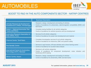 • Business Description
Vehicles Research & Development
Establishment (VRDE), Ahmednagar
• Research, design, development and testing of vehicles
• Centre of excellence for photometry, electromagnetic compatibility (EMC) and
test tracks
Indore — National Automotive Test
Tracks (NATRAX)
• Complete testing facilities for all vehicle categories
• Centre of excellence for vehicle dynamics and tyre development
Automotive Research Association of
India (ARAI), Pune
• Services for all vehicle categories
• Centre of excellence for power-train development and material
Chennai Centre, Tamil Nadu
• Complete homologation services for all vehicle categories
• Centre of excellence for infotronics, EMC and passive safety
Rae Bareilly Centre
• Services to agri-tractors, off-road vehicles and a driver training centre
• Centre of excellence for accident data analysis
International Centre for Automotive
Technology (iCAT), Manesar
• Services to all vehicle categories
• Centre of excellence for component development, noise vibration and
harshness (NVH) testing
Silchar Centre, Assam
• Research, design, development and testing of vehicles
• Centre of excellence for photometry, EMC and test tracks
 