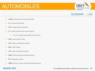 CAGR: Compound Annual Growth Rate
CV: Commercial Vehicle
FDI: Foreign Direct Investment
FY: Indian financial year (April to March)
So FY10 implies April 2009 to March 2010
GOI: Government of India
HCV: Heavy Commercial Vehicle
INR: Indian Rupee
LCV: Light Commercial Vehicle
OEM: Original Equipment Manufacturers
PV: Passenger Vehicle
SIAM: Society of Indian Automobile Manufacturers
 