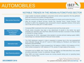 2323DECEMBER 2016 For updated information, please visit www.ibef.org
NOTABLE TRENDS IN THE INDIAN AUTOMOTIVES SECTOR
New product launches
• Large number of products available to consumers across various segments; this has gathered
pace with the entry of a number of foreign players
• Reduced overall product lifecycle have forced players to employ quick product launches
• After the success of Maruti S-Cross, Honda City, Hyundai Verna, Toyota Fortuner, Ford
EcoSport in 2015, the companies have announced to launch upgraded versions of the same
cars in late 2016 or early 2017 in Indian market
Improving product-
development
capabilities
• Increasing R&D investments from both the government and the private sector
• Private sector innovation has been a key determinant of growth in the sector; two good
examples are Tata Nano and Tata Pixel; while the former has been a success in India, the latter
is intended for foreign markets
• On November 29, 2016, Volkswagen India decided to provide anti-lock braking system (ABS),
dual airbags as a standard fitment in Polo and Vento models
Alternative fuels
• The CNG distribution network in India is expected to increase due to the new geographical
areas allocated through 5th and 6th round of CGD bidding by Petroleum and Natural Gas
Regulatory Board(PNGRB)
• Number of CNG stations in India increased from 142 stations in 2005 to 1010 stations in FY15,
which further increased to 1,081 stations in FY16, across 12 major states of the country.
New financing options
• Carmakers such as BMW, Audi, Toyota, Skoda, Volkswagen and Mercedes-Benz have started
providing customised finance to customers through NBFCs
• Major MNC and Indian corporate houses are moving towards taking cars on operating lease
instead of buying them
AUTOMOBILES
Source: Ministry of Petroleum & Natural Gas
Note: NBFCs - Non-Banking Finance Companies
 