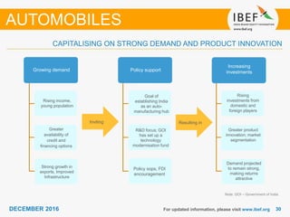 3030DECEMBER 2016
CAPITALISING ON STRONG DEMAND AND PRODUCT INNOVATION
For updated information, please visit www.ibef.org
Strong
government
support
Growing demand
Inviting Resulting in
Growing demand
Increasing
investmentsPolicy support
Rising income,
young population
Greater
availability of
credit and
financing options
Strong growth in
exports, Improved
Infrastructure
Goal of
establishing India
as an auto-
manufacturing hub
R&D focus; GOI
has set up a
technology
modernisation fund
Policy sops, FDI
encouragement
Rising
investments from
domestic and
foreign players
Greater product
innovation; market
segmentation
Demand projected
to remain strong,
making returns
attractive
AUTOMOBILES
Note: GOI – Government of India
 