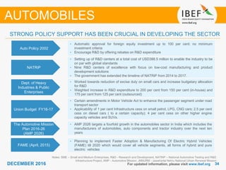 3434DECEMBER 2016 For updated information, please visit www.ibef.org
STRONG POLICY SUPPORT HAS BEEN CRUCIAL IN DEVELOPING THE SECTOR
AUTOMOBILES
Notes: SME – Small and Medium Enterprises, R&D - Research and Development, NATRiP – National Automotive Testing and R&D
Infrastructure Project, AMP - Automotive Mission, JNNURM - Jawaharlal Nehru National Urban Renewal Mission
Auto Policy 2002
• Automatic approval for foreign equity investment up to 100 per cent; no minimum
investment criteria
• Encourage R&D by offering rebates on R&D expenditure
NATRiP
• Setting up of R&D centers at a total cost of USD388.5 million to enable the industry to be
on par with global standards
• Nine R&D centers of excellence with focus on low-cost manufacturing and product
development solutions
• The government has extended the timeline of NATRiP from 2014 to 2017.
Dept. of Heavy
Industries & Public
Enterprises
• Worked towards reduction of excise duty on small cars and increase budgetary allocation
for R&D
• Weighted increase in R&D expenditure to 200 per cent from 150 per cent (in-house) and
175 per cent from 125 per cent (outsourced)
Union Budget FY16-17
• Certain amendments in Motor Vehicle Act to enhance the passenger segment under road
transport sector
• Applicability of 1 per cent Infrastructure cess on small petrol, LPG, CNG cars; 2.5 per cent
cess on diesel cars ( to a certain capacity); 4 per cent cess on other higher engine
capacity vehicles and SUVs.
The Automotive Mission
Plan 2016-26
(AMP 2026)
• AMP 2026 targets a fourfold growth in the automobiles sector in India which includes the
manufacturers of automobiles, auto components and tractor industry over the next ten
years
FAME (April, 2015)
• Planning to implement Faster Adoption & Manufacturing Of Electric Hybrid Vehicles
(FAME) till 2020 which would cover all vehicle segments, all forms of hybrid and pure
electric vehicles
 