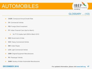 4747DECEMBER 2016
GLOSSARY … (1/2)
For updated information, please visit www.ibef.org
CAGR: Compound Annual Growth Rate
CV: Commercial Vehicle
FDI: Foreign Direct Investment
FY: Indian Financial Year (April to March)
So FY10 implies April 2009 to March 2010
GOI: Government of India
HCV: Heavy Commercial Vehicle
INR: Indian Rupee
LCV: Light Commercial Vehicle
OEM: Original Equipment Manufacturers
PV: Passenger Vehicle
SIAM: Society of Indian Automobile Manufacturers
AUTOMOBILES
 