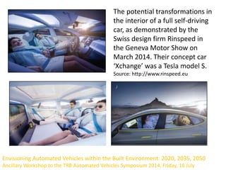 The potential transformations in
the interior of a full self-driving
car, as demonstrated by the
Swiss design firm Rinspeed in
the Geneva Motor Show on
March 2014. Their concept car
‘Xchange’ was a Tesla model S.
Source: http://www.rinspeed.eu
Envisioning Automated Vehicles within the Built Environment: 2020, 2035, 2050
Ancillary Workshop to the TRB Automated Vehicles Symposium 2014, Friday, 18 July
 