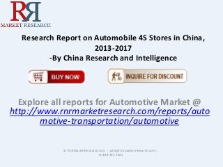 Research Report on Automobile 4S Stores in China,
2013-2017
-By China Research and Intelligence
Explore all reports for Automotive Market @
http://www.rnrmarketresearch.com/reports/auto
motive-transportation/automotive
© RnRMarketResearch.com ; sales@rnrmarketresearch.com ;
+1 888 391 5441
 