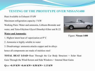 TESTING OF THE PROTOTYPE OVER NISSAN1400
Heat Available in Exhaust:15 kW
Maximum refrigeration capacity: 5 kW
Working Pairs: Water and ammonia, Lithium-Bromide and
water, and Tetra-Ethylene Glycol Dimethyl-Ether and R-22
Water and Ammonia:
1. Highest latent heat of vaporization at 00 C
2. Ammonia is highly soluble in water
3. Disadvantage: ammonia attacks copper and its alloys
hence all components are made of stainless steel
TOTAL HEAT LOAD=Heat Through the Car Body Structure + Solar Heat
Gain Through the Wind-Screen and Side Windows + Internal Heat Gains
QTOT =0.19 KW +0.44 KW+ 0.50 KW= 1.13 KW
Figure: Nissan 1400
 