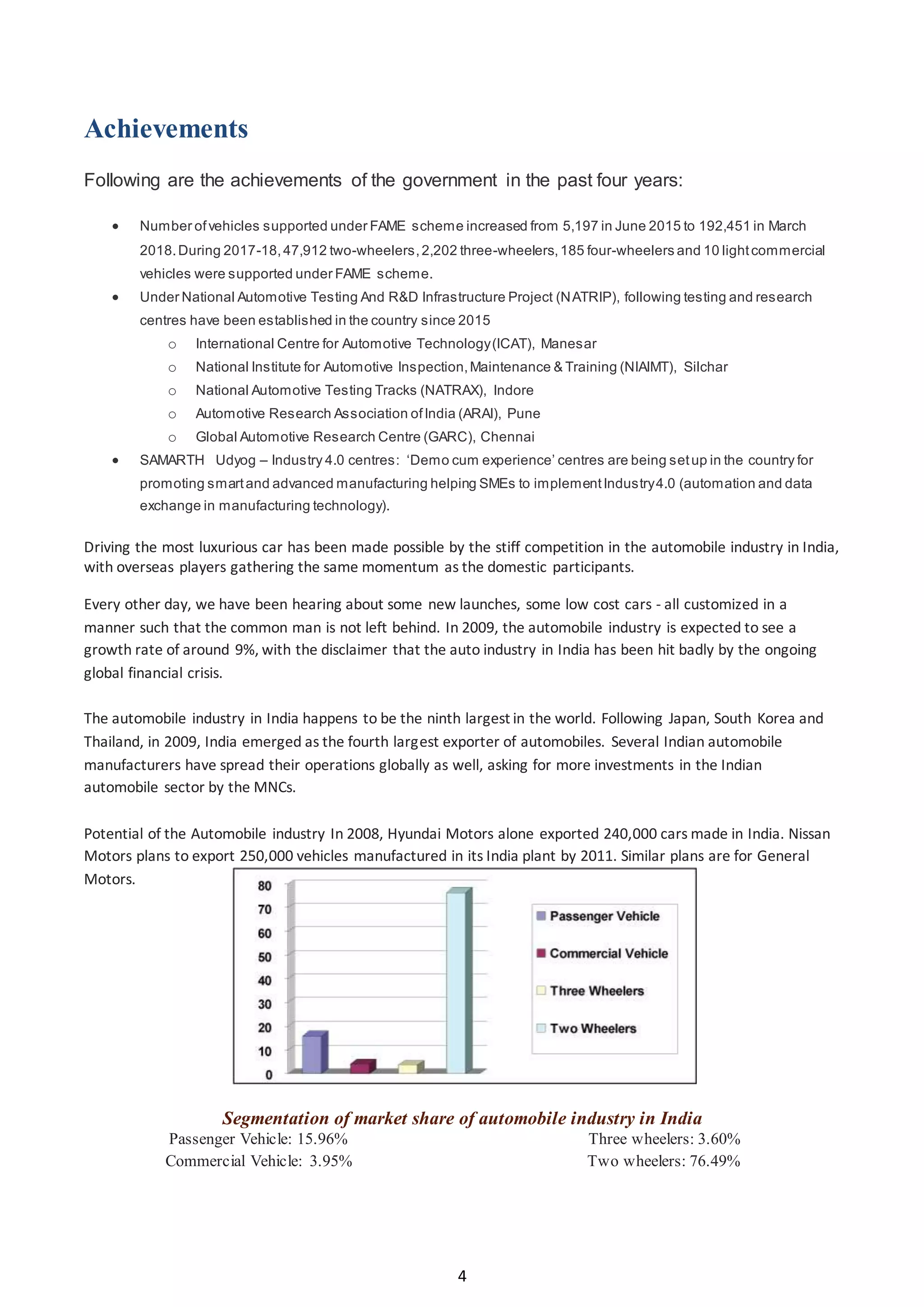 4
Achievements
Following are the achievements of the government in the past four years:
 Number ofvehicles supported under FAME scheme increased from 5,197 in June 2015 to 192,451 in March
2018.During 2017-18,47,912 two-wheelers,2,202 three-wheelers,185 four-wheelers and 10 lightcommercial
vehicles were supported under FAME scheme.
 Under National Automotive Testing And R&D Infrastructure Project (NATRIP), following testing and research
centres have been established in the country since 2015
o International Centre for Automotive Technology(ICAT), Manesar
o National Institute for Automotive Inspection,Maintenance & Training (NIAIMT), Silchar
o National Automotive Testing Tracks (NATRAX), Indore
o Automotive Research Association ofIndia (ARAI), Pune
o Global Automotive Research Centre (GARC), Chennai
 SAMARTH Udyog – Industry 4.0 centres: ‘Demo cum experience’ centres are being setup in the country for
promoting smartand advanced manufacturing helping SMEs to implementIndustry4.0 (automation and data
exchange in manufacturing technology).
Driving the most luxurious car has been made possible by the stiff competition in the automobile industry in India,
with overseas players gathering the same momentum as the domestic participants.
Every other day, we have been hearing about some new launches, some low cost cars - all customized in a
manner such that the common man is not left behind. In 2009, the automobile industry is expected to see a
growth rate of around 9%, with the disclaimer that the auto industry in India has been hit badly by the ongoing
global financial crisis.
The automobile industry in India happens to be the ninth largest in the world. Following Japan, South Korea and
Thailand, in 2009, India emerged as the fourth largest exporter of automobiles. Several Indian automobile
manufacturers have spread their operations globally as well, asking for more investments in the Indian
automobile sector by the MNCs.
Potential of the Automobile industry In 2008, Hyundai Motors alone exported 240,000 cars made in India. Nissan
Motors plans to export 250,000 vehicles manufactured in its India plant by 2011. Similar plans are for General
Motors.
Segmentation of market share of automobile industry in India
Passenger Vehicle: 15.96%
Commercial Vehicle: 3.95%
Three wheelers: 3.60%
Two wheelers: 76.49%
 