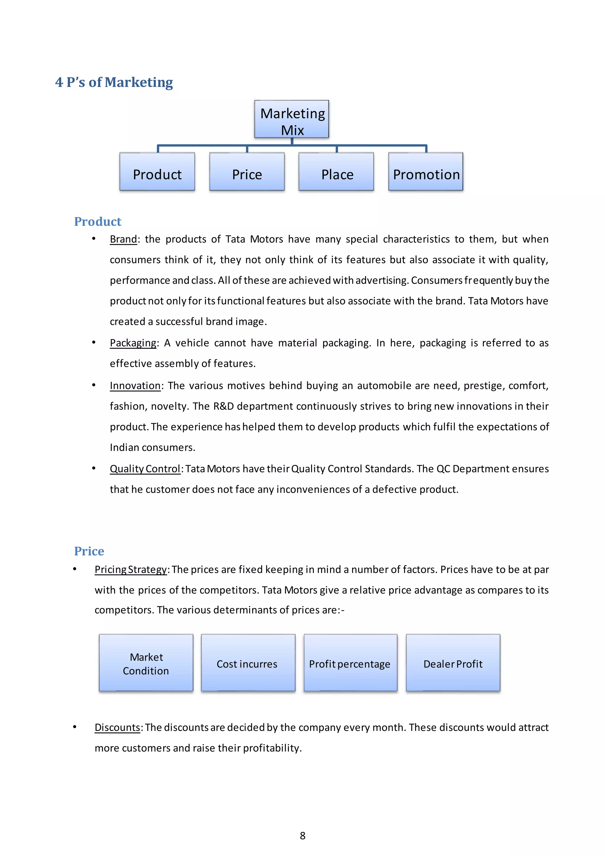 8
4 P’s of Marketing
Product
• Brand: the products of Tata Motors have many special characteristics to them, but when
consumers think of it, they not only think of its features but also associate it with quality,
performance andclass.All of these are achievedwithadvertising.Consumersfrequentlybuythe
productnot onlyfor itsfunctional features but also associate with the brand. Tata Motors have
created a successful brand image.
• Packaging: A vehicle cannot have material packaging. In here, packaging is referred to as
effective assembly of features.
• Innovation: The various motives behind buying an automobile are need, prestige, comfort,
fashion, novelty. The R&D department continuously strives to bring new innovations in their
product.The experience hashelped them to develop products which fulfil the expectations of
Indian consumers.
• QualityControl:TataMotors have theirQuality Control Standards. The QC Department ensures
that he customer does not face any inconveniences of a defective product.
Price
• PricingStrategy:The prices are fixed keeping in mind a number of factors. Prices have to be at par
with the prices of the competitors. Tata Motors give a relative price advantage as compares to its
competitors. The various determinants of prices are:-
• Discounts:The discountsare decidedby the company every month. These discounts would attract
more customers and raise their profitability.
Marketing
Mix
Product Price Place Promotion
Market
Condition
Cost incurres Profitpercentage DealerProfit
 