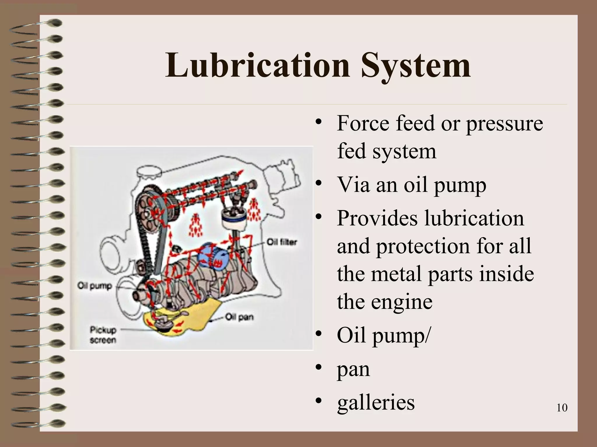 10
Lubrication System
• Force feed or pressure
fed system
• Via an oil pump
• Provides lubrication
and protection for all
the metal parts inside
the engine
• Oil pump/
• pan
• galleries
 