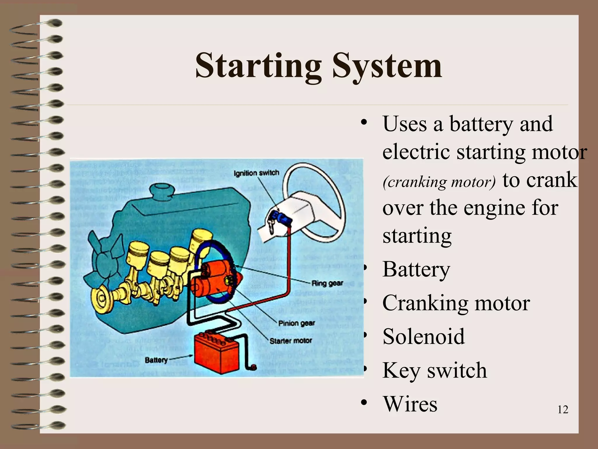 12
Starting System
• Uses a battery and
electric starting motor
(cranking motor) to crank
over the engine for
starting
• Battery
• Cranking motor
• Solenoid
• Key switch
• Wires
 
