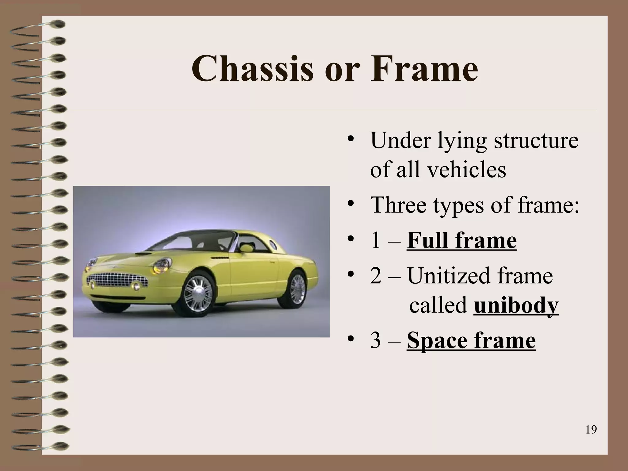 19
Chassis or Frame
• Under lying structure
of all vehicles
• Three types of frame:
• 1 – Full frame
• 2 – Unitized frame
called unibody
• 3 – Space frame
 